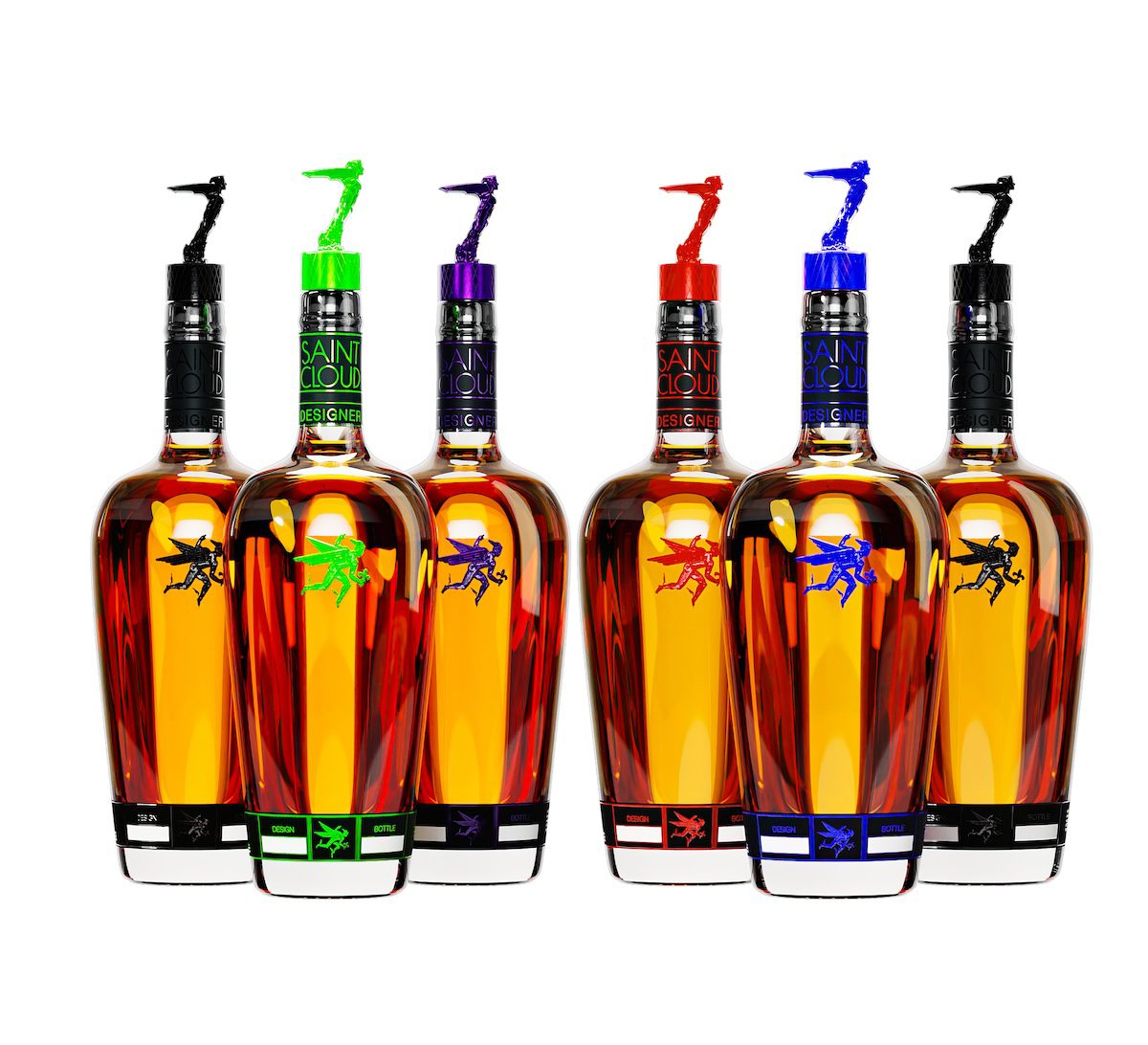Five Designer bottles with green, blue, red, purple and black Hermès toppers