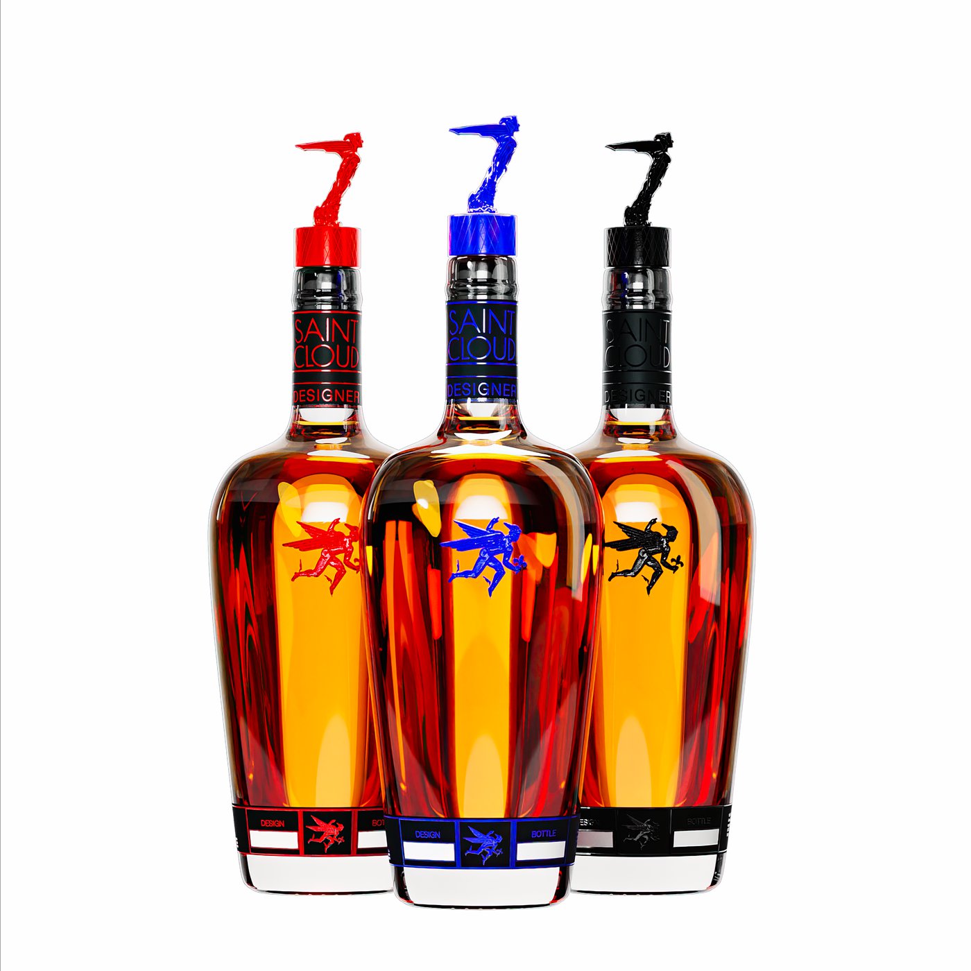 Three Designer bottles with red, ultramarine and black Hermès toppers