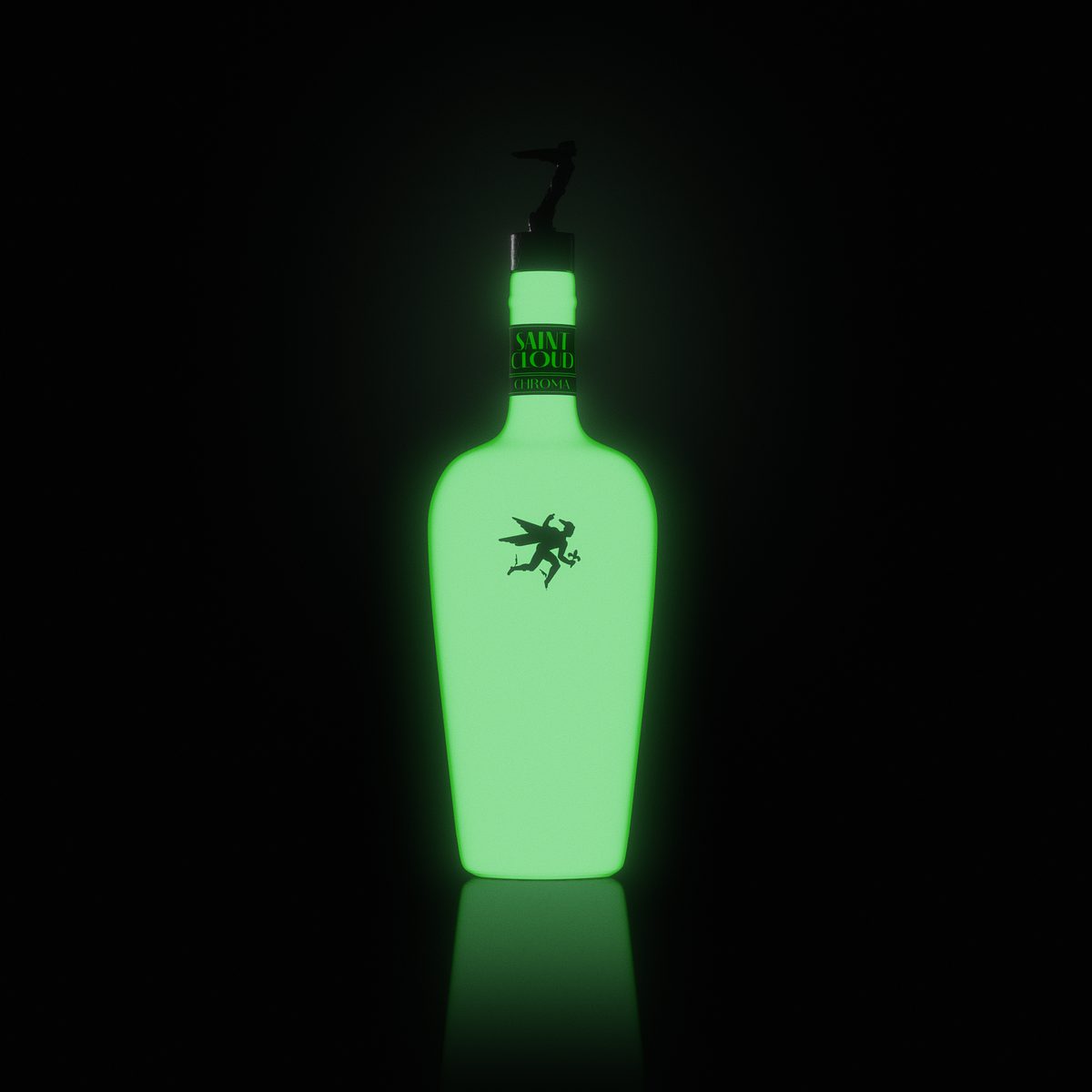 A Saint Cloud Lumin bottle glowing green in the dark