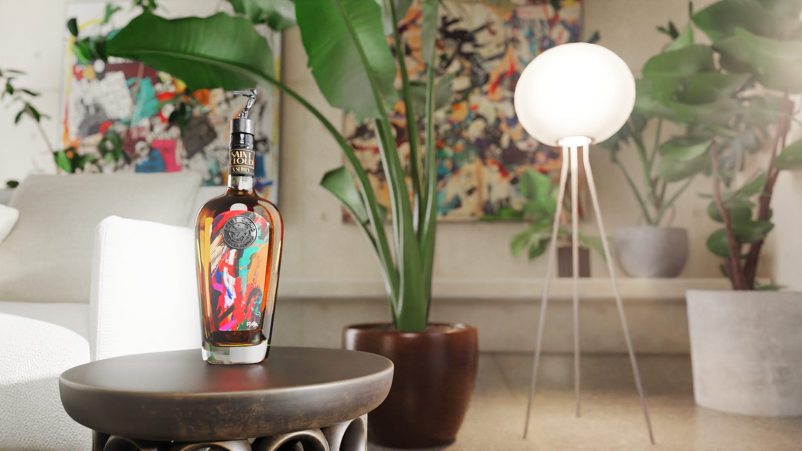 An Abstrakt bottle on a side table in a bright living room
